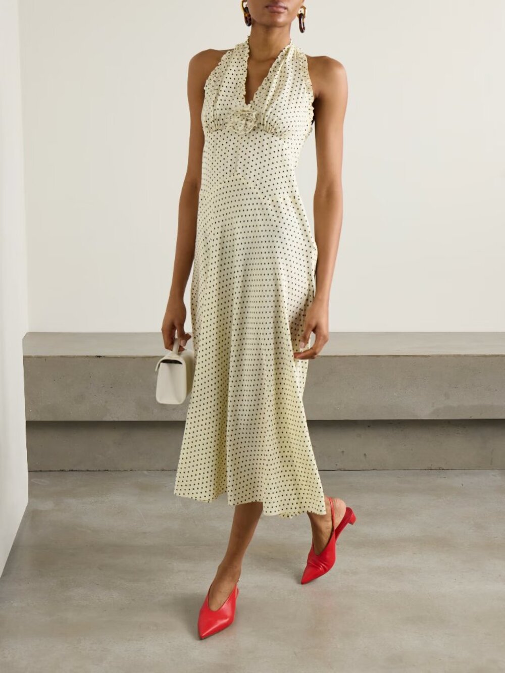 NWT Dôen Mazarin Polka Dot Halterneck Midi Dress - Cream, XL